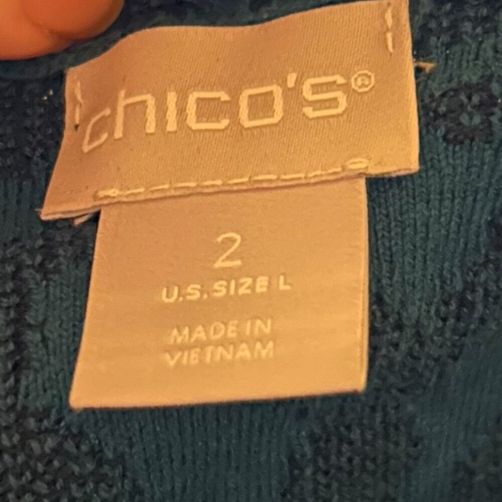 NWOT Chico's Teal & Black Jacquard Open-Front Cardigan Sweater 2 / L - Picture 11 of 14